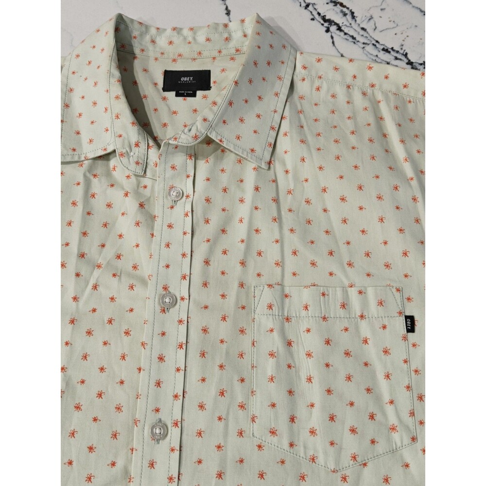 OBEY Floral Large Shirt Mens Green Button Down Short Sleeve